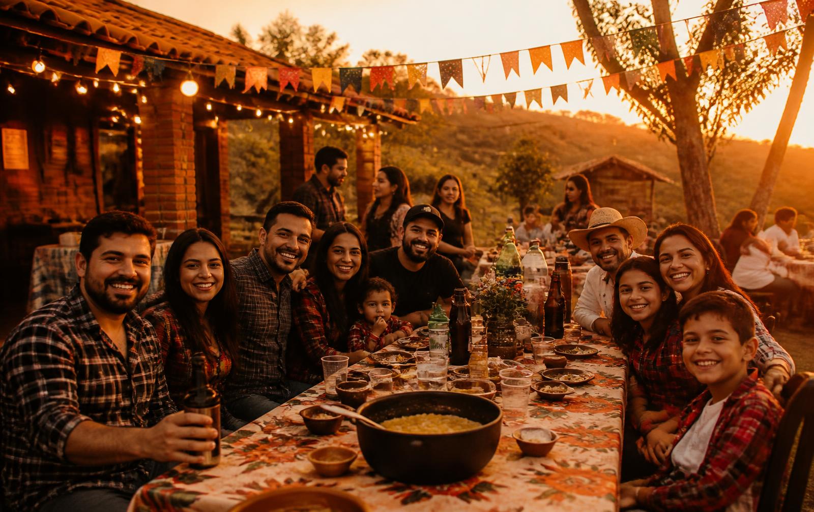 Amigos reunidos em uma festa na chácara ao pôr do sol